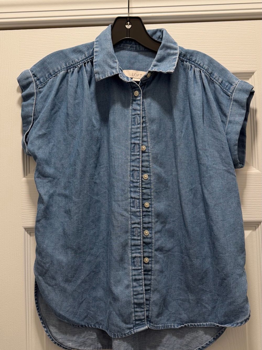 LOFT Light Blue Denim Button-Up Short Sleeve Shirt
